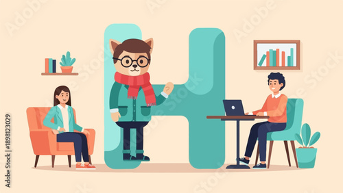 Stylized characters interact in a modern, minimalist office setting