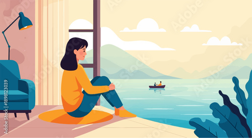 Serene view of a woman by the window contemplating a tranquil lake scene