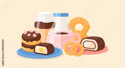 Sweet treats and drinks on a pale yellow background