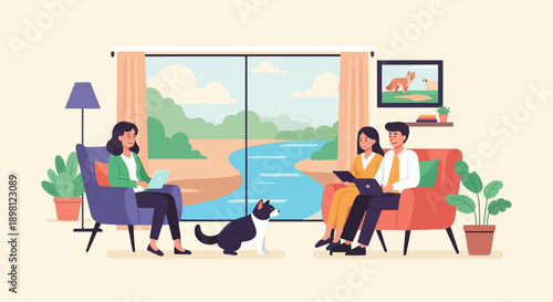 Three people and a dog in a living room with a scenic view