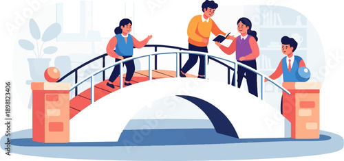 Stylized illustration of four people interacting on a bridge