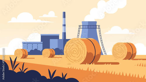 Stylized illustration of hay bales in a field before an industrial complex