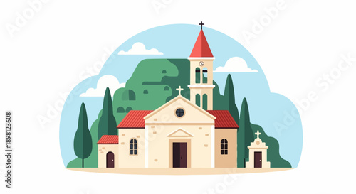 Stylized illustration of a light-colored church with a red roof against green hills and sky