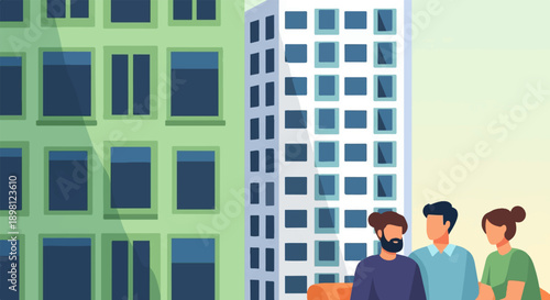Stylized flat illustration of three diverse individuals standing against a backdrop of modern buildings