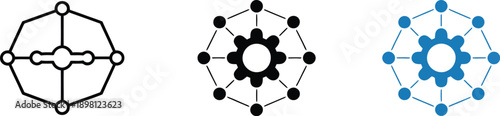 Technological Concept icons, vector illustration of interconnected system with central gear, representing network configuration, data processing, digital infrastructure management, cloud technology, a