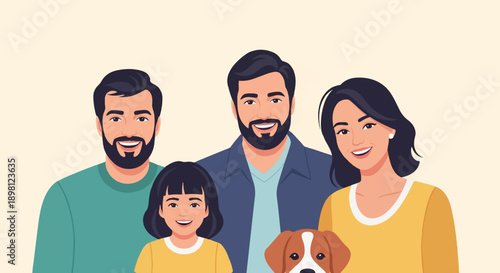 Stylized illustration of a happy family with a dog against a plain background