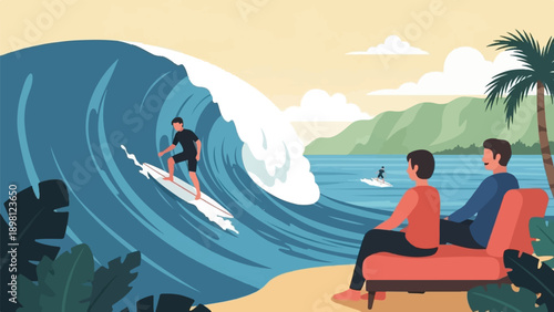 Surfers ride massive wave while spectators relax on a beach lounge chair