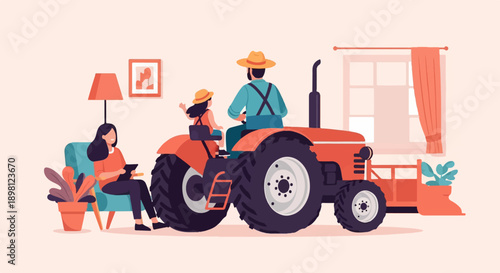 Stylized illustration of a farmer and child on a tractor, woman in armchair