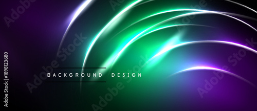 Abstract neon lines create dynamic gradient effect. Dark background emphasizes bright curves, modern design element.