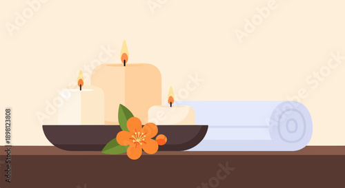 Serene scene with lit candles, a flower, and a rolled towel
