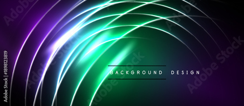 Abstract neon lines create dynamic curved shapes. Vibrant purple, green hues blend, forming modern background design. Smooth gradients present futuristic feel.