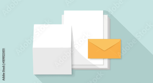 Stack of white papers and an orange envelope on a light blue background