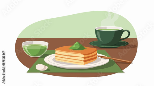 Stacked cake with green tea and a small spoon on a mat