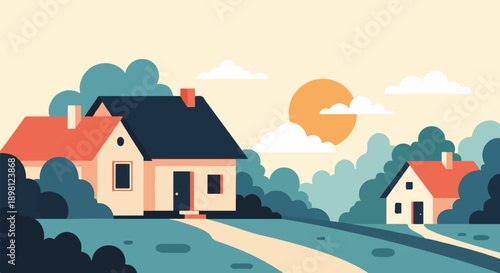 Stylized houses nestled among trees under a sunny sky