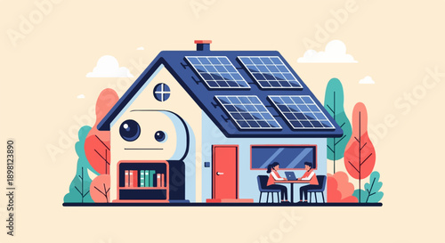 Stylized house with solar panels, book shelves, and people working on laptops