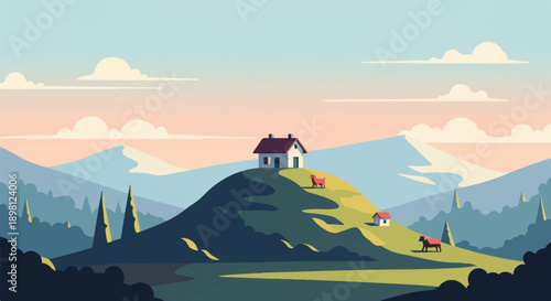 Serene pixel art landscape with houses and cattle on rolling hills