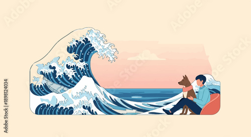 Serene person with dog watching a pixelated ocean wave under a pastel sky
