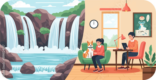 Serene nature meets cozy interior with people and dog