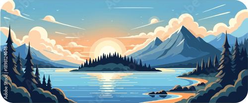 Serene pixel art lake scene with sunlit mountains and island