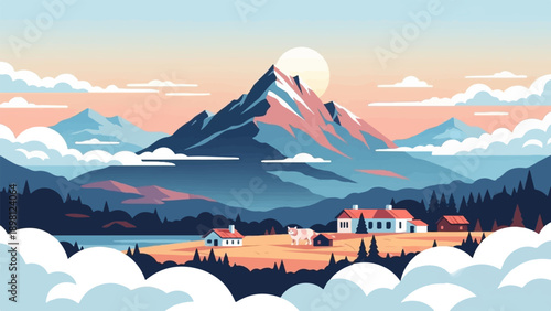 Serene mountainous landscape at sunrise with houses and a cow