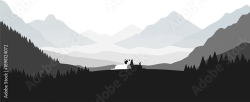 Serene mountain landscape with two stylized dogs in silhouette
