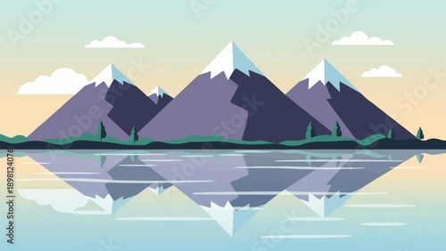 Serene mountain reflection in still water at sunset