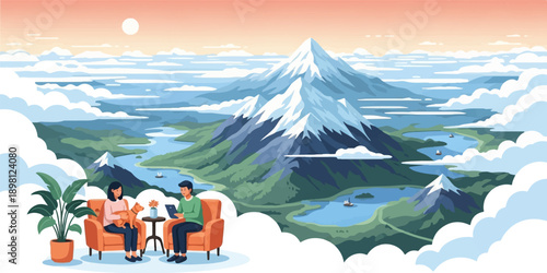 Serene mountain landscape with figures relaxing indoors