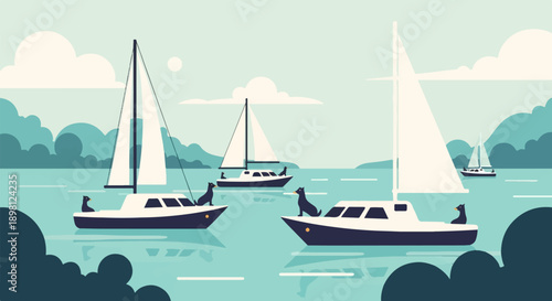 Serene aquatic scene with sailboats and curious dog figures on the water