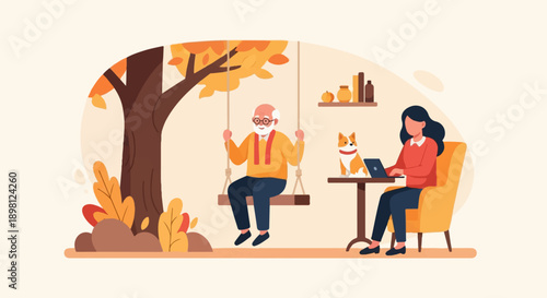Senior man on swing, woman on laptop, dog near table in autumn