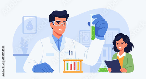 Scientists in a lab examining chemical reactions in test tubes and flasks