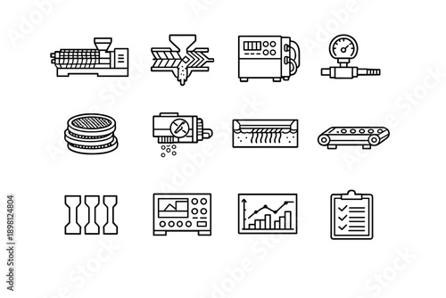 Polymer Processing. Line outline icon set of Polymer Processing: twin screw extruder,