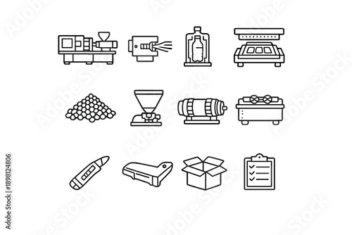 Plastic Manufacturing. Line outline icon set of Plastic Manufacturing: injection molding