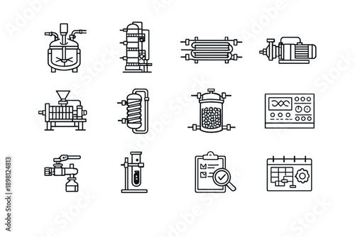 Industrial Chemistry. Line outline icon set of Industrial Chemistry: chemical reactor,