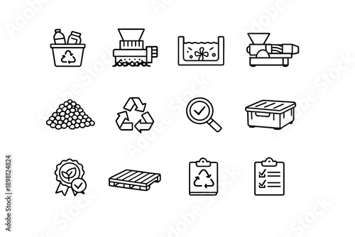 Plastic Recycling. Line outline icon set of Plastic Recycling: plastic waste sorting,