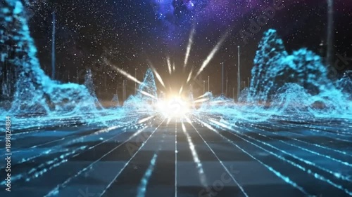 Abstract digital landscape with glowing particles and grid, set against a cosmic background.