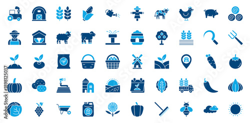 Agriculture Icon Set. Containing Tractor, Barn, Wheat, Corn, Watering Can, Scarecrow, Hay Bale, Farmer Icon. Dual Tone Style