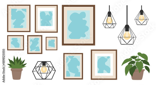 Create a cozy and modern living space with framed art, plants, and geometric lighting for a stylish home interior design project