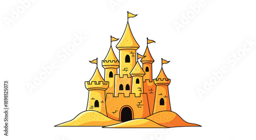 Delightful sandcastle illustration evoking summer fun at the beach, perfect for vacation themes, children's books, and whimsical designs, sunny vibes