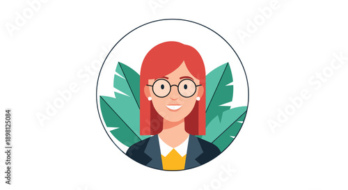 Professional redhead businesswoman with glasses smiles confidently near vibrant foliage, perfect for modern business communication and positive brand messaging