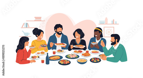 Diverse friends share a delicious meal together at a festive gathering, perfect for illustrating community, celebration, or a vibrant social scene