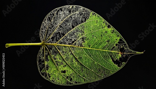 Leaf shows detailed texture and structure during close-up view in natural light on dark background