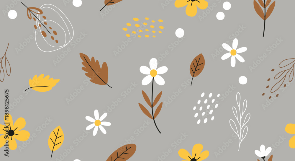 Obraz premium Charming floral pattern with autumn leaves and blooms for warm textiles, wallpaper, or backgrounds that add a touch of cozy elegance to your designs