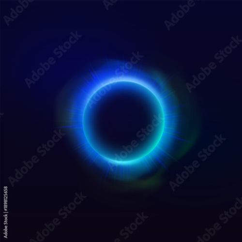 Blue neon halo with smoke and rays, glowing ring with bright luminous on dark background, bright eclipse flare effect