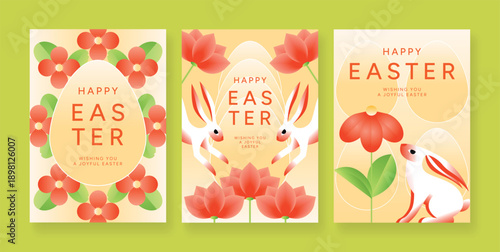 Set of Happy Easter greeting posters with bunny rabbits, egg shapes and spring flowers. Floral holiday card collection. Flat vector illustration for poster, greeting card, promo, sale and celebration