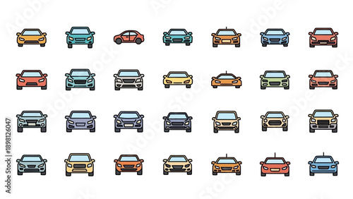 Collection of Various Colored Cars Icons.
