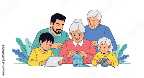 Family bonding together with grandparents knitting and using technology creating cherished memories, perfect for heartwarming lifestyle campaigns