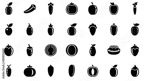 Collection of Various Fruit Icons in Black.