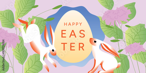 Happy Easter greeting poster with two bunny rabbits around egg shape, spring flowers and green leaves on pastel background. Holiday concept. Flat vector illustration for card, poster, promo, sale and 