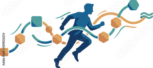 Man Running on Wavy Path Collecting Data Blocks