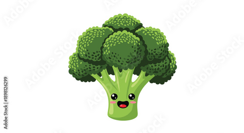 Adorable cartoon broccoli character smiling sweetly, perfect for kids' menus or healthy eating campaigns with a fun, friendly vibe